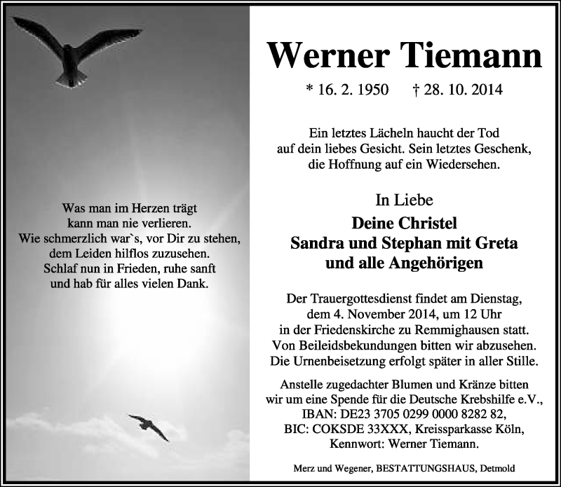  Traueranzeige für Werner Tiemann vom 01.11.2014 aus Lippische Landes-Zeitung