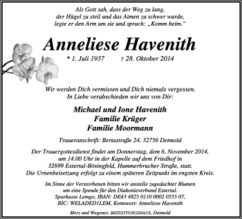 Anzeige  Anneliese Havenith  Lippische Landes-Zeitung