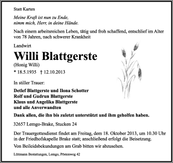 Anzeige  Willi Blattgerste  Lippische Landes-Zeitung