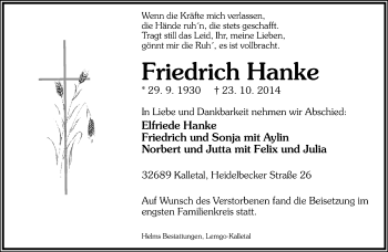 Anzeige  Friedrich Hanke  Lippische Landes-Zeitung