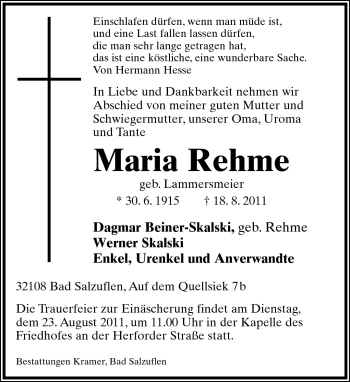 Anzeige  Maria Rehme  Lippische Landes-Zeitung