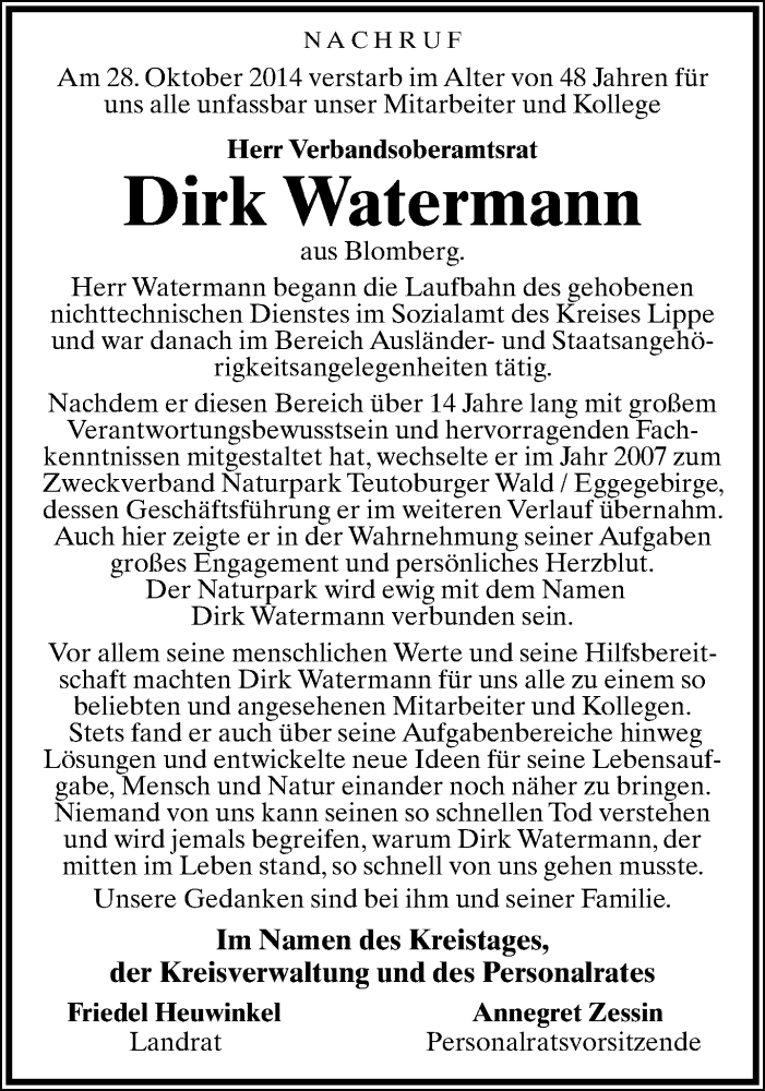  Traueranzeige für Dirk Watermann vom 01.11.2014 aus Lippische Landes-Zeitung