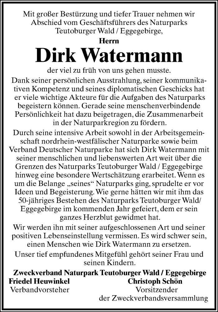  Traueranzeige für Dirk Watermann vom 01.11.2014 aus Lippische Landes-Zeitung