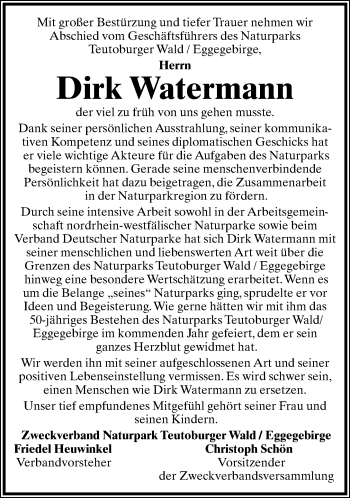 Anzeige  Dirk Watermann  Lippische Landes-Zeitung