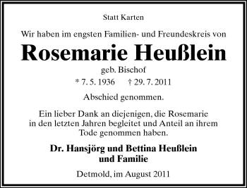 Anzeige  Rosemarie Heußlein  Lippische Landes-Zeitung