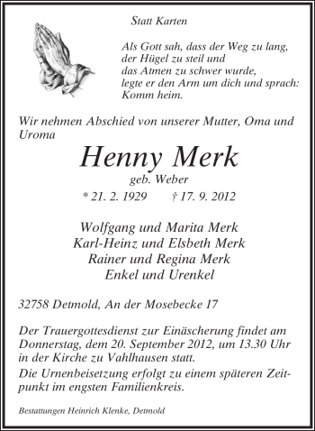 Anzeige  Henny Merk  Lippische Landes-Zeitung