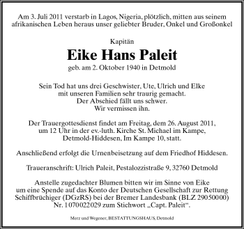 Anzeige  Eike Hans Paleit  Lippische Landes-Zeitung