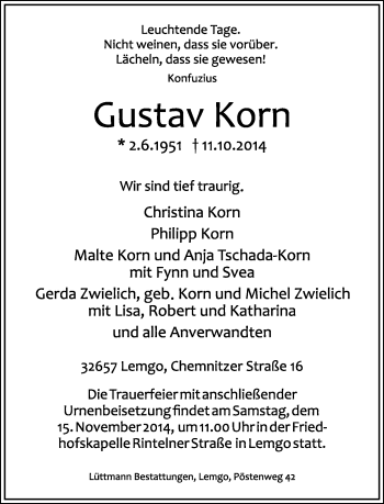 Anzeige  Gustav Korn  Lippische Landes-Zeitung