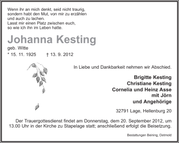 Anzeige  Johanna Kesting  Lippische Landes-Zeitung
