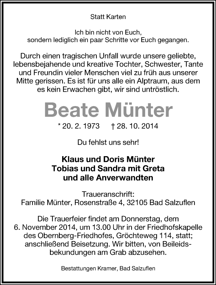  Traueranzeige für Beate Münter vom 03.11.2014 aus Lippische Landes-Zeitung