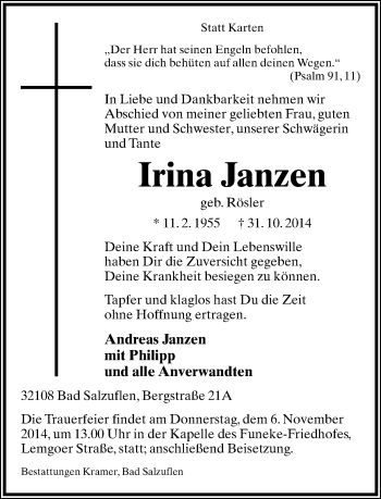 Anzeige  Irina Janzen  Lippische Landes-Zeitung