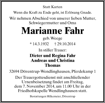 Anzeige  Marianne Fahr  Lippische Landes-Zeitung