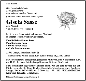 Anzeige  Gisela Sasse  Lippische Landes-Zeitung