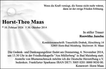 Anzeige  Horst-Theo Maas  Lippische Landes-Zeitung