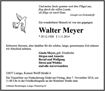 Anzeige  Walter Meyer  Lippische Landes-Zeitung