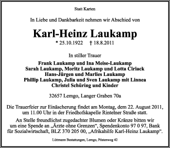 Anzeige  Karl-Heinz Laukamp  Lippische Landes-Zeitung
