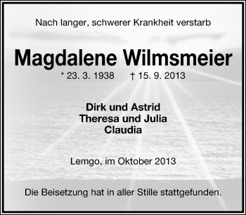 Anzeige  Magdalene Wilmsmeier  Lippische Landes-Zeitung
