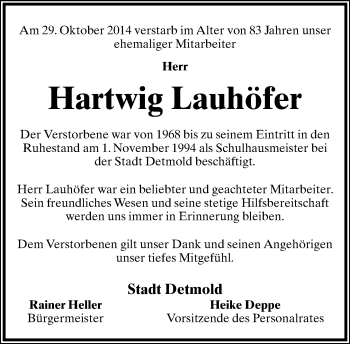 Anzeige  Hartwig Lauhöfer  Lippische Landes-Zeitung