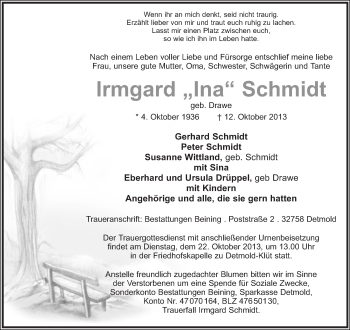 Anzeige  Irmgard Schmidt  Lippische Landes-Zeitung