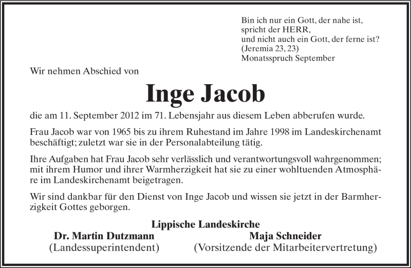  Traueranzeige für Inge Jacob vom 18.09.2012 aus Lippische Landes-Zeitung