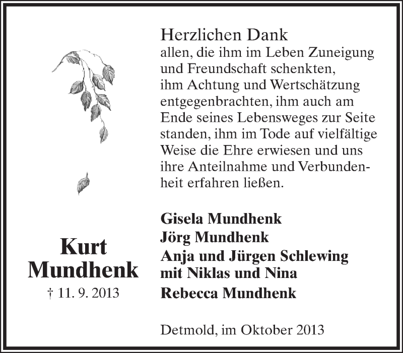  Traueranzeige für Kurt Mundhenk vom 19.10.2013 aus Lippische Landes-Zeitung