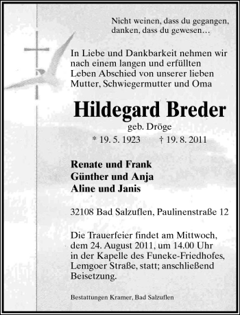 Anzeige  Hildegard Breder  Lippische Landes-Zeitung