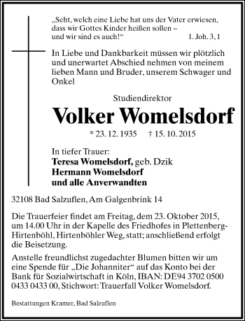 Anzeige  Volker Womelsdorf  Lippische Landes-Zeitung