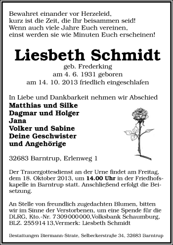 Anzeige  Liesbeth Schmidt  Lippische Landes-Zeitung