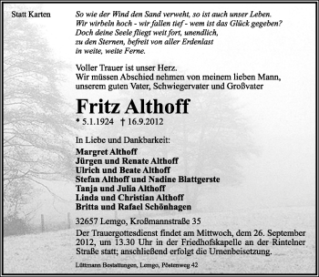 Anzeige  Fritz Althoff  Lippische Landes-Zeitung