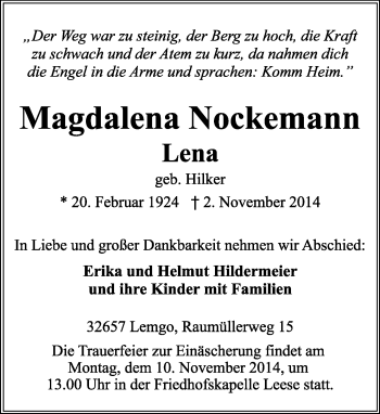 Anzeige  Magdalena Nockemann  Lippische Landes-Zeitung