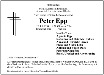 Anzeige  Peter Epp  Lippische Landes-Zeitung