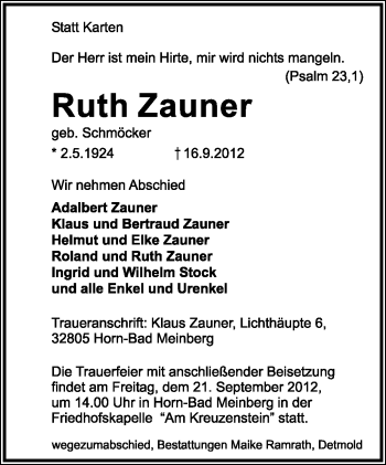 Anzeige  Ruth Zauner  Lippische Landes-Zeitung