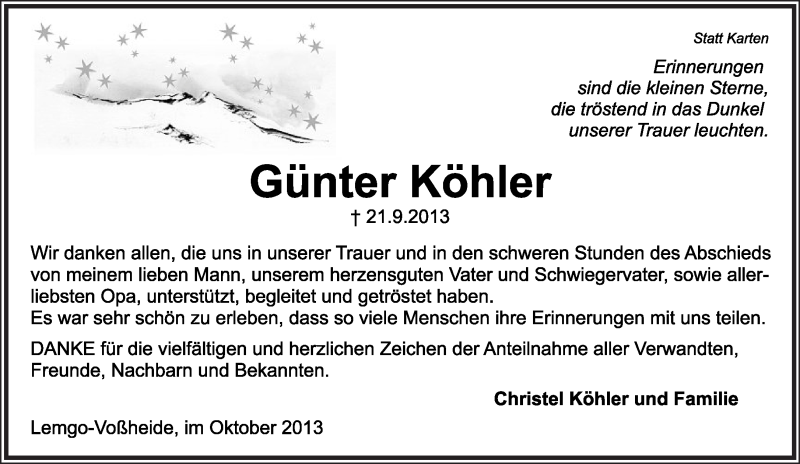 Traueranzeige für Günter Köhler vom 19.10.2013 aus Lippische Landes-Zeitung