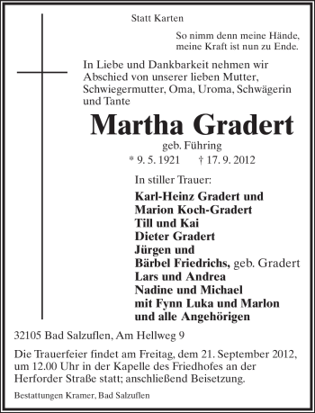 Anzeige  Martha Gradert  Lippische Landes-Zeitung