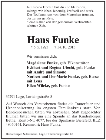 Anzeige  Hans Funke  Lippische Landes-Zeitung