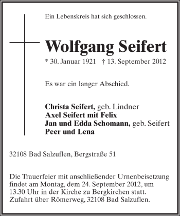 Anzeige  Wolfgang Seifert  Lippische Landes-Zeitung