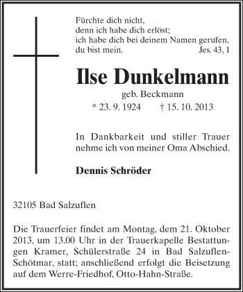 Anzeige  Ilse Dunkelmann  Lippische Landes-Zeitung