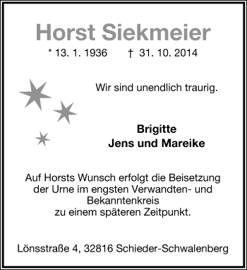 Anzeige  Horst Siekmeier  Lippische Landes-Zeitung