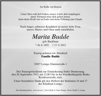 Anzeige  Marita Budde  Lippische Landes-Zeitung