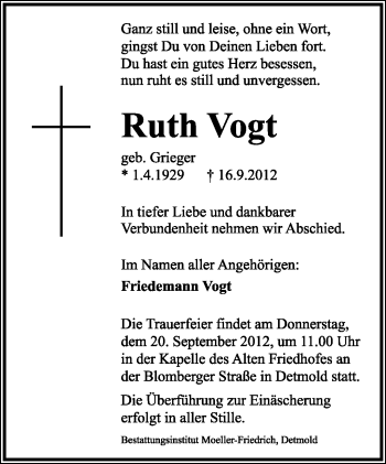 Anzeige  Ruth Vogt  Lippische Landes-Zeitung