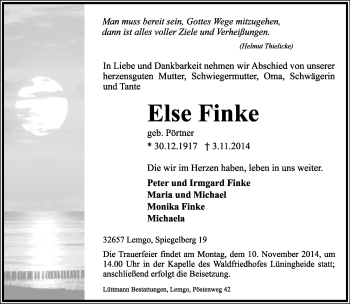 Anzeige  Else Finke  Lippische Landes-Zeitung