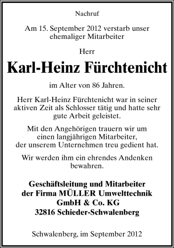 Anzeige  Karl-Heinz Fürchtenicht  Lippische Landes-Zeitung