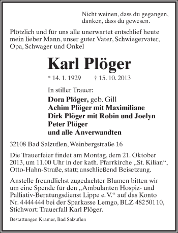 Anzeige  Karl Plöger  Lippische Landes-Zeitung