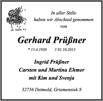 Anzeige  Gerhard Prüßner  Lippische Landes-Zeitung