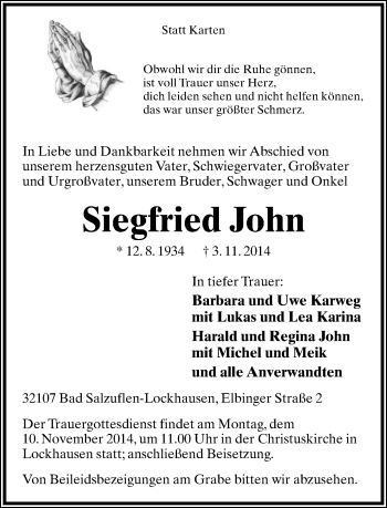 Anzeige  Siegfried John  Lippische Landes-Zeitung