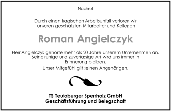 Anzeige  Roman Angielczyk  Lippische Landes-Zeitung
