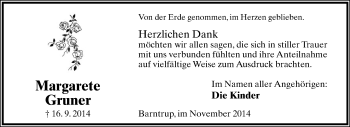 Anzeige  Margarete Gruner  Lippische Landes-Zeitung