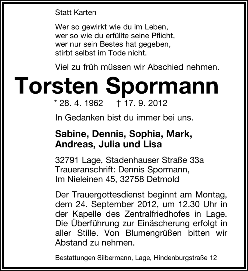  Traueranzeige für Torsten Spormann vom 19.09.2012 aus Lippische Landes-Zeitung