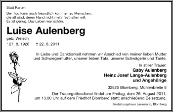 Anzeige  Luise Aulenberg  Lippische Landes-Zeitung