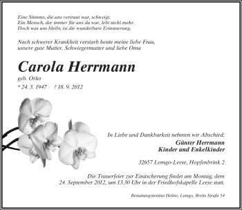 Anzeige  Carola Herrmann  Lippische Landes-Zeitung